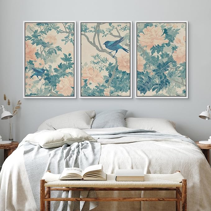 wall26 Framed Print Wall Art Set Elegant Blue Bird and Peony Floral Pattern Decorative Minimal Relax/Zen for Living Room, Bedroom, Office - 24"x36"x3 WHITE