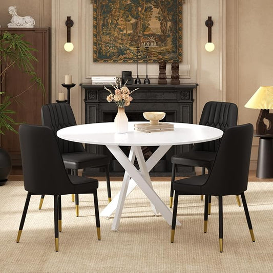 RGZ Mid Century White Round Dining Table Set for 4, 47" Large Wooden Circle Kitchen Table & 4 Black PU Leather Kitchen Chairs, Dinner Table Set for Home, Apartment, Dining Room
