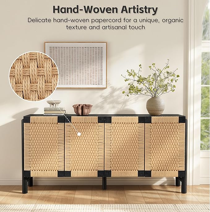 Modern Farmhouse Sideboard Buffet Cabinet 65.6’’ Boho Credenza Coffee Bar Console with Handwoven Paper Rope Doors, Storage Accent Cabinet for Living Room, Hallway & Kitchen, Black