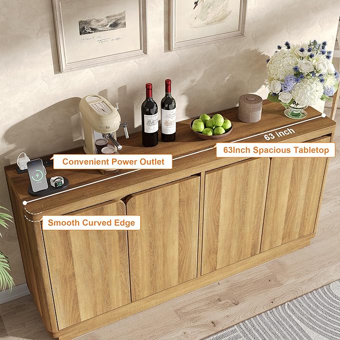 Buffet Cabinet with Storage, Outlet & Adjustable Shelves, Sideboard Cabinet with Double-Arc Doors, Classic Modern Wood Console Table & Credenza for Dining Room & Entryway