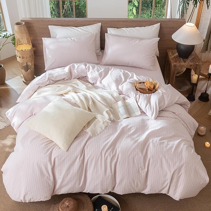 MooMee Striped Duvet Cover Set 100% Washed Cotton Linen Like Textured Breathable Durable Soft Comfy (Heathered Greyish Pink White Wide Stripes, King 104"x90")