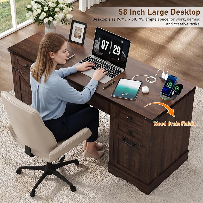 Squireewo 58'' Farmhouse Home Office Desk with Drawers, Wooden Executive Desk with Charging Station, File Drawers and Storage Cabinet, Computer Desk for Work, Study and Writing, Brown