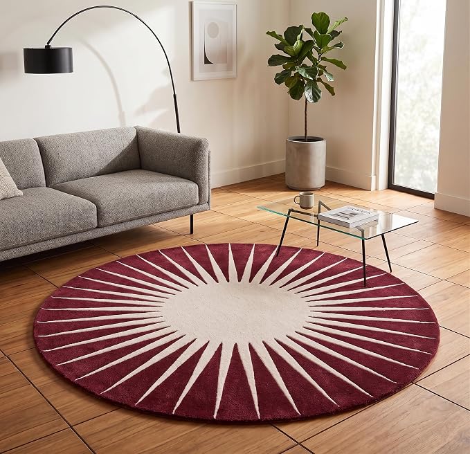 Restoration and Renovation Modern Round Area Rug – Hand-Tufted with 100% NZ Wool, Thick & Soft Circular Carpet for Living Room, Bedroom & Dining Room Decor (Maroon, 9' Round)