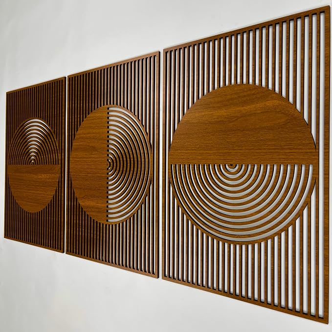 Boho Wood Wall Art Triptych, Abstract Geometric Wooden Panels, Mid Century Modern Scandinavian Decor, Large Statement New House Gift for Living Room and Bedroom