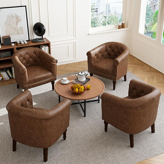 Accent Chair, Upholstered Faux Leather Barrel Chair with Nailed Trim, Comfy Club Armchair for Reading Living Room Bedroom Waiting Room (Rust, Set of 4)