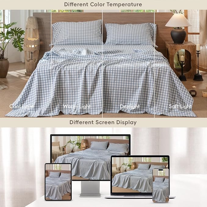 MooMee Gingham Sheet Set 100% Washed Cotton Linen Like Textured Breathable Soft w/Fully Elasticized 16-19" Deep Pocket (Classic Gingham Cornflower Blue, Queen)
