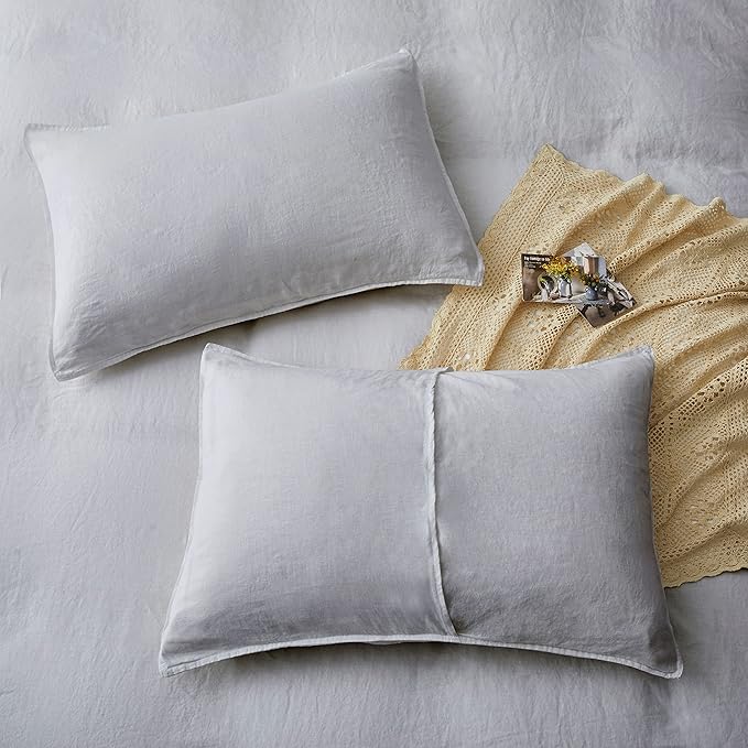 ATLINIA 100% Flax Linen Duvet Cover Set - Stone Washed Pure French Linen Organic Fabric for Farmhouse Comforter Boho Bedding Included 1 Duvet Cover 2 Pillow Shams(Light Grey, Queen)