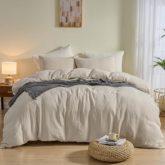 Simple&Opulence Linen Muslin Duvet Cover Set California King, 3Pcs Grey Linen Cotton 3-Layer Gauze Minimalist Comforter Cover 104”x98”, Ultra Soft Breathable Seersucker Bedding Set with 2 Pillowcases