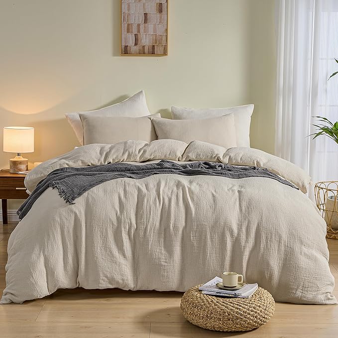 Simple&Opulence Linen Muslin Duvet Cover Set Twin Size, 3Pcs Grey Linen Cotton 3-Layer Gauze Minimalist Comforter Cover 68”x86”, Ultra Soft Breathable Seersucker Bedding Set with 1 Pillowcase