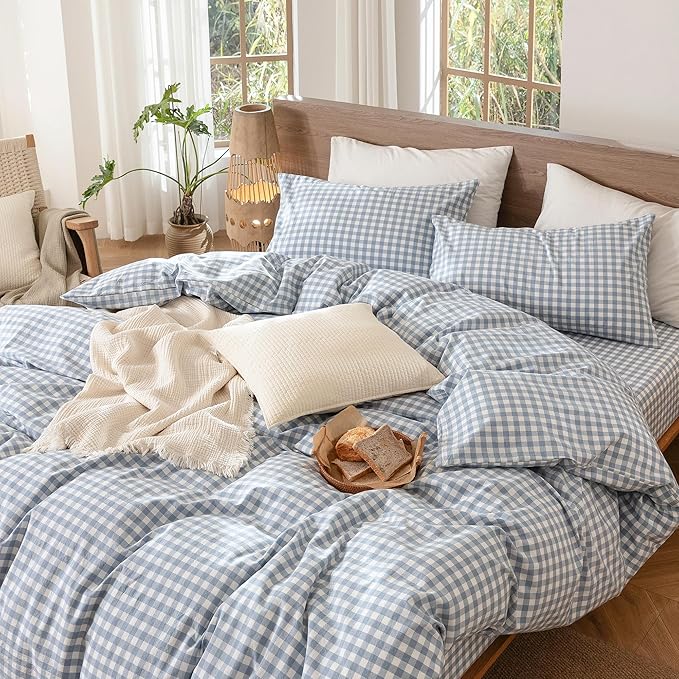 MooMee Gingham Duvet Cover Set 100% Washed Cotton Linen Like Textured Breathable Durable Soft Comfy Modern Checkered Design (Classic Gingham Cornflower Blue, Oversized Full 82"x86")
