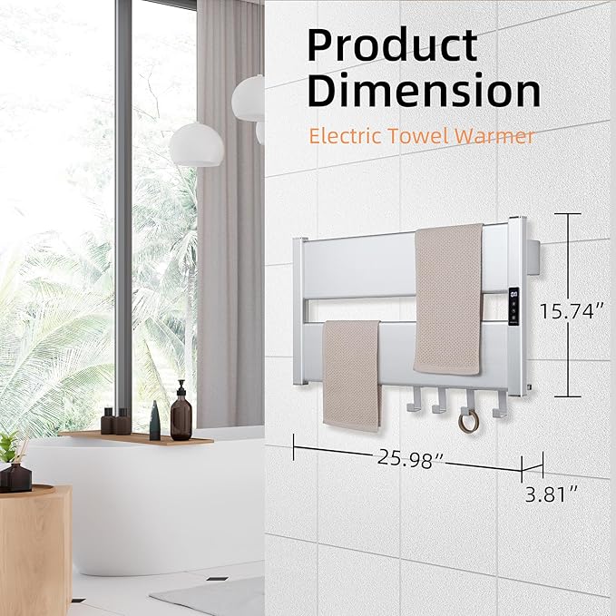 K&KALONZO Towel Warmer for Bathroom, Wall-Mounted Heated Towel Rack with Built-in Timer, Waterproof Alumnimum Electric Towel Heater, Support Plug-in and Hardwired, Sliver, H2-S