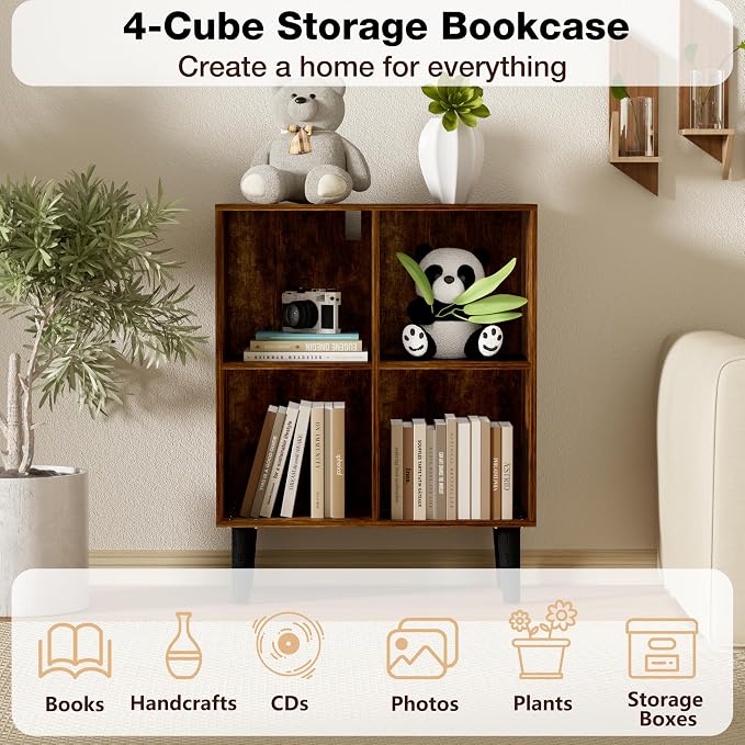 4 Cube Bookcase, Wooden Book Shelf Cube Storage Organizer with Legs, 2 Tier Bookshelf Freestanding Open Shelves for Living Room, Bedroom, Home Office (Brown, 4 Cube)