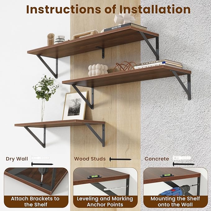 Floating Shelves for Wall,48" Wx8 D Wood Wall Shelves,Hanging Storage Floating Shelf with Metal Brackets,Wide Floating Bookshelf for Living Room,Office,Bedroom,Bathroom,Set of 2,Walnut