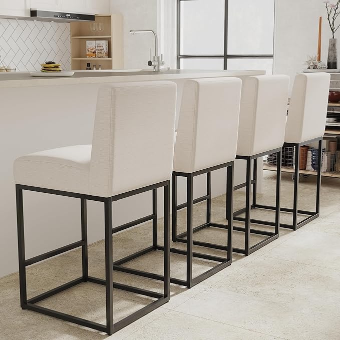 27" Height Bar Stools Set of 4 Counter Height Stools with Back and Footrest for Kitchen Modern Metal Barstools, Linen Upholstered Farmhouse Bar Chairs Island Stools, Cream