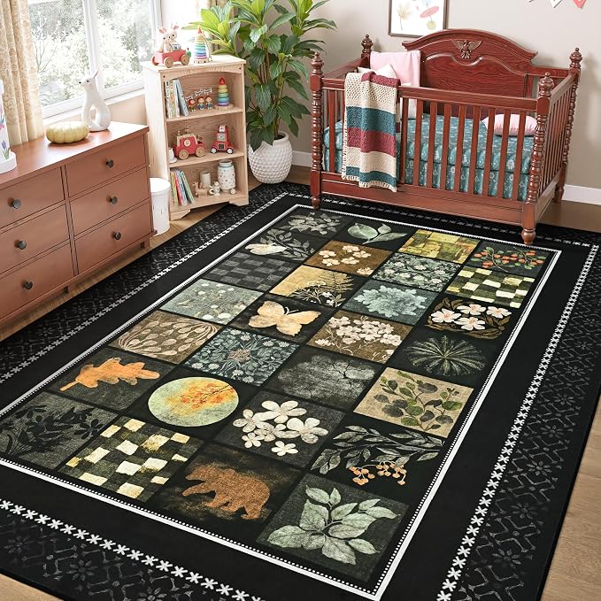 Tepook 6x9 Area Rugs for Living Room, Modern Large Geometric Rug for Bedroom, Washable Patchwork Rug Indoor Non Slip Throw Carpets for Dining Room Office Farmhouse Home Decor, Black