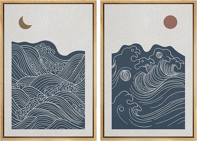IDEA4WALL Framed Canvas Print Wall Art Set Crescent Moon Sun Ocean Waves Abstract Shapes Illustrations Modern Art Decorative Bohemian Calm/Zen for Living Room, Bedroom, Office - 24"x36"x2 Natural
