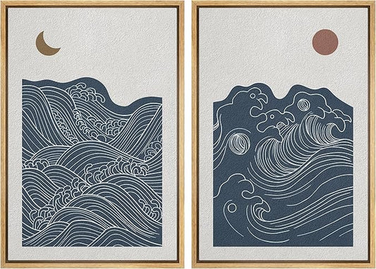 IDEA4WALL Framed Canvas Print Wall Art Set Crescent Moon Sun Ocean Waves Abstract Shapes Illustrations Modern Art Decorative Bohemian Calm/Zen for Living Room, Bedroom, Office - 24"x36"x2 Natural