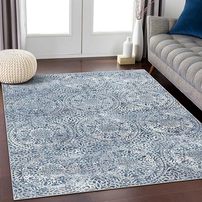 vivorug 8x10 Area Rugs for Living Room, Non-Slip Backing Washable Blue Rug 8x10, Large Area Rug Soft Carpet for Bedroom Dining Room, Vintage, Easy Clean, Durable, Low Pile Rug Under Table