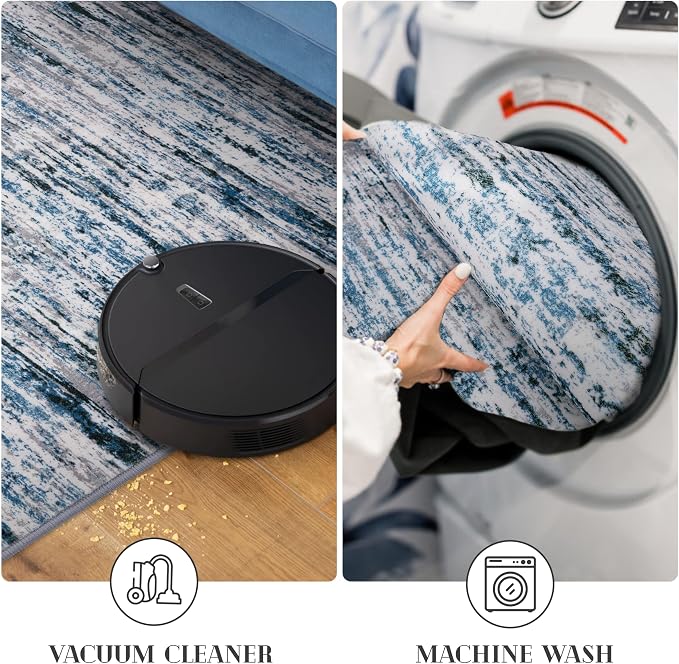 Lansny Modern Abstract Runner Rug 2.6x12, Grey Blue White Washable Long Kitchen Runner Non-Slip Soft Hallway Rug Runner Thin Print Faux Wool Carpet for Entryway Bedroom Laundry Room Indoor Home Decor