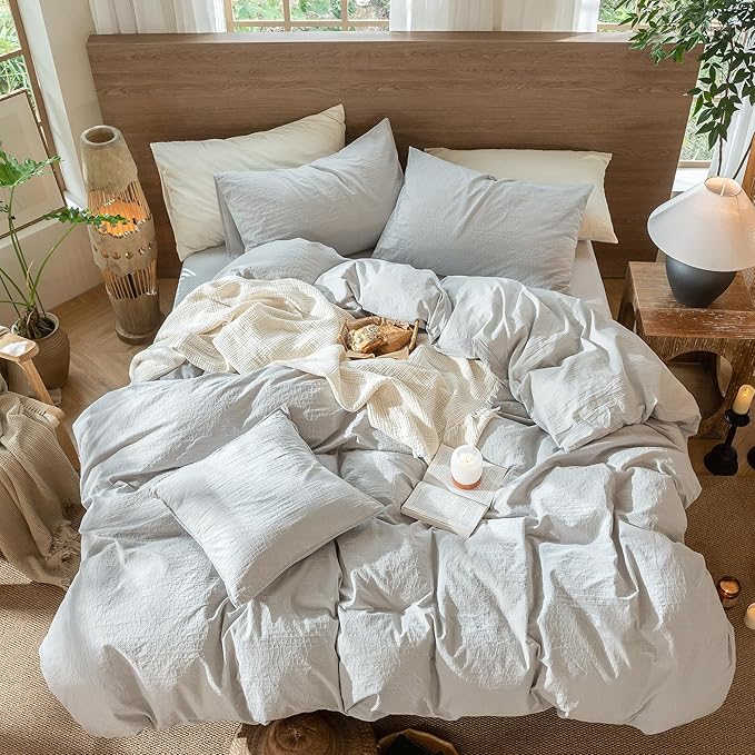 MooMee Wavy Striped Duvet Cover Set 100% Washed Cotton Linen Like Textured Breathable Durable Soft Comfy (Light Grey, Palatial King/Oversized King 120"x98")