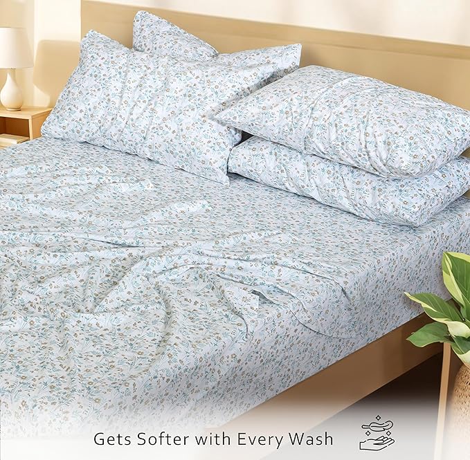 RUVANTI 100% Cotton Percale Sheets Full Size 6 Piece Set, Cooling Bed Sheets for Hot Sleepers, Deep Pocket 16”, Breathable Lightweight & Durable, Crisp Hotel Style Sheets, Fleur & Field