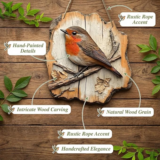 Cumuul Handmade Boxwood Bird Wall Hanging - Vintage 2D Bird Wooden Signage, Rustic Farmhouse Robin Bird Wall Decor, Wood Texture, Indoor Outdoor Garden Decoration (#2)