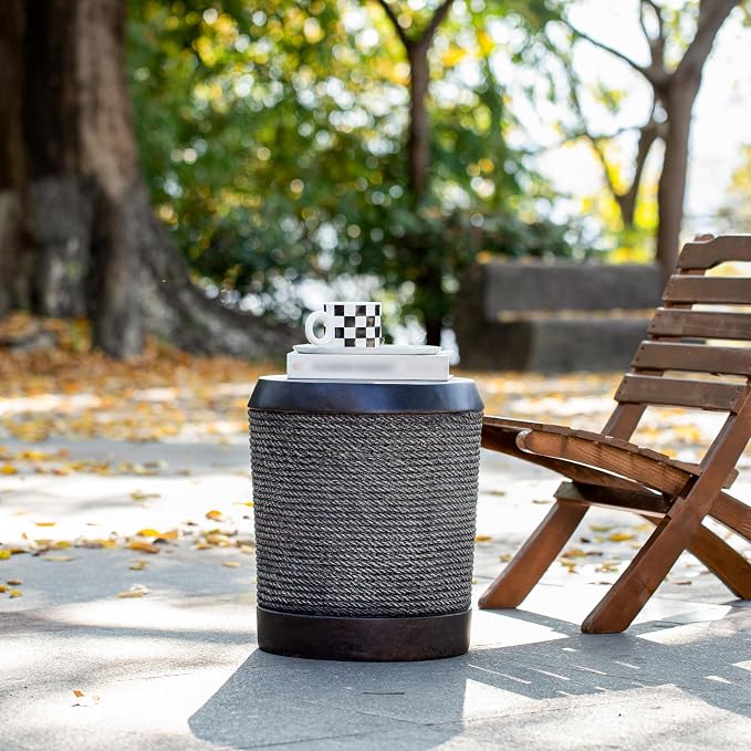 ø15.75'' Faux Concrete Cement Round Side Table End Table, Modern Contemporary Minimalist Retro Style, MGO Material for Indoor & Outdoor, No Assembly, Simulated Braided Cord, Dark Brown