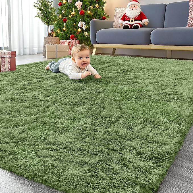 OLANLY 6x9 Machine Washable Large Area Rugs for Living Room, Bedroom, Soft Fluffy Shaggy Bedside Rug, Indoor Floor Carpet for Kids Girls and Boys, Dorms, Nursery, Home Decor Aesthetic, Green