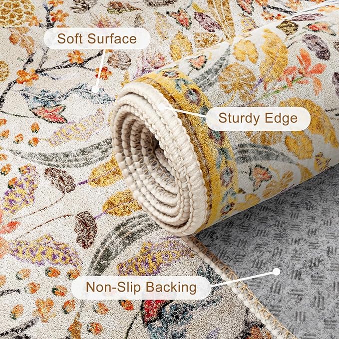 AMTOVO 2x3 Washable Indoor Welcome Door Mat, Vintage Boho Floral Distressed Print Non-Slip Area Rug, Small Throw Rugs for Entryway Indoor Entrance Kitchen Bathroom Laundry Bedroom Floor, Golden Yellow