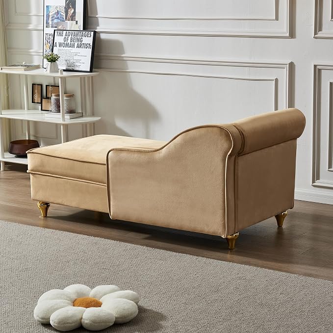 60.6''Velvet Chaise Lounge Indoor, Modern Velvet Lounge Chair with Left Armrest & Lumbar Pillow,Button Tufted Lounge Sofa with Storage for Bedroom, Living Room and Office，Khaki