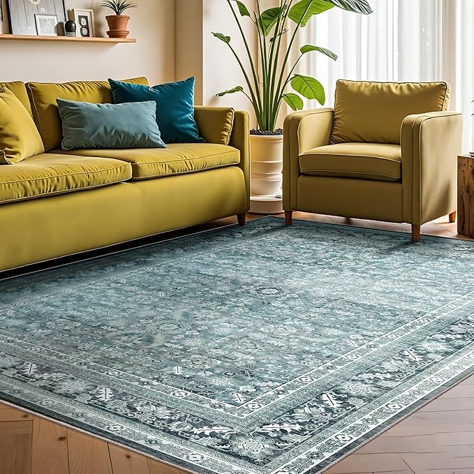 OPPODREAM Vintage Teal Area Rugs 5x7, 5 x 7 Retro Washable Rug Non Slip, Low-Pile Faux Wool Carpet, Distressed Floor Mat for Living Room, Bedroom, Kitchen, Office, Dorm, Dinning Room