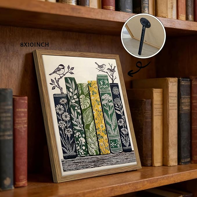 Framed Vintage Botanical Books Canvas Wall Art, Floral Books with Birds Poster Print, Retro Nature Library Reading Gift, Modern Literary Wall Decor for Study Living Room Office 8x10in