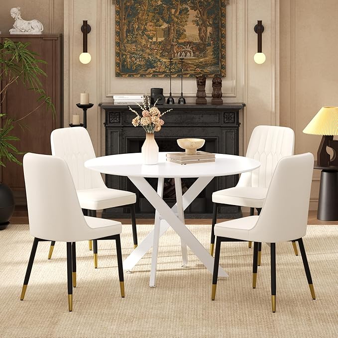 RGZ Mid Century White Round Dining Table Set for 4, 36" Small Wooden Circle Kitchen Table & 4 White PU Leather Kitchen Chairs, Dinner Table Set for Home, Apartment, Dining Room
