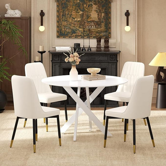 RGZ Mid Century White Round Dining Table Set for 4, 36" Small Wooden Circle Kitchen Table & 4 White PU Leather Kitchen Chairs, Dinner Table Set for Home, Apartment, Dining Room