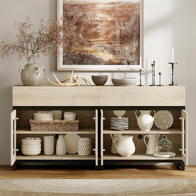 WAMPAT 63‘’ Multifunctional Sideboard Buffet Cabinets with 4 Glass Doors, Modern Sideboard Credenza, Coffee Bar Cabinet for Living Room, Kitchen, Light Oak