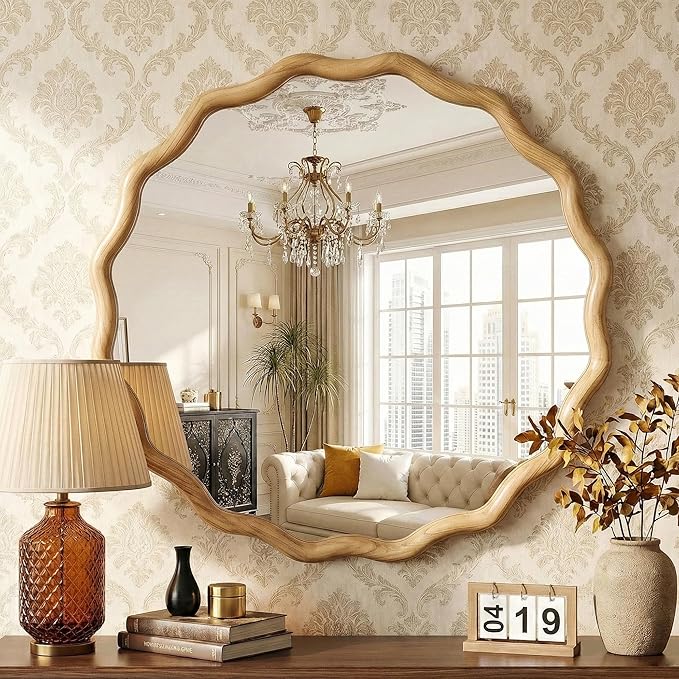 TRAHOME Round Wood Mirrors for Wall, 28" Boho Circle Wavy Mirror with Wooden Frame, Decorative Mirror with Tempered Glass, Natural Wooden Frame Vanity Mirror for Bedroom, Living Room, Entryway
