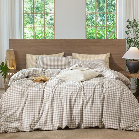MooMee Gingham Duvet Cover Set 100% Washed Cotton Linen Like Textured Breathable Durable Soft Comfy Modern Checkered Design (Tannish Linen Grey Gingham, Super Queen 90"x98")