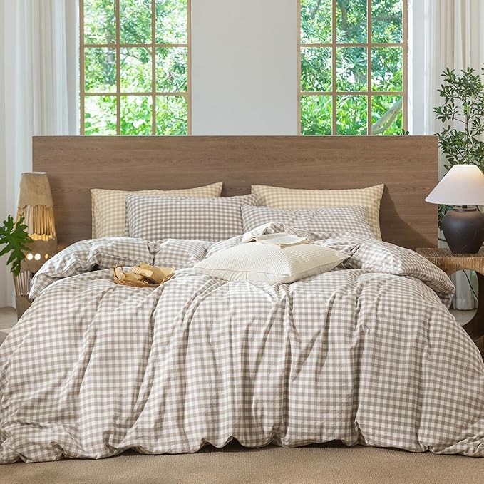 MooMee Gingham Duvet Cover Set 100% Washed Cotton Linen Like Textured Breathable Durable Soft Comfy Modern Checkered Design (Tannish Linen Grey Gingham, Full 80"x90")