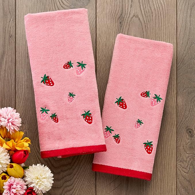 SKL Home Strawberry Toss 100% Cotton Embroidered 2pc Hand Towel Set, Decorative for Bath/Kitchen/Bar & Gift, Pink