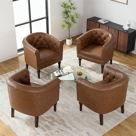 UIXE PU Leather Barrel Club Chairs Set of 4, Modern Arm Accnet Chair Comfy Upholstered Armchair, Nailhead Trim Living Room Single Sofa Reading Seat Bedroom Side Sitting for Office, Brown