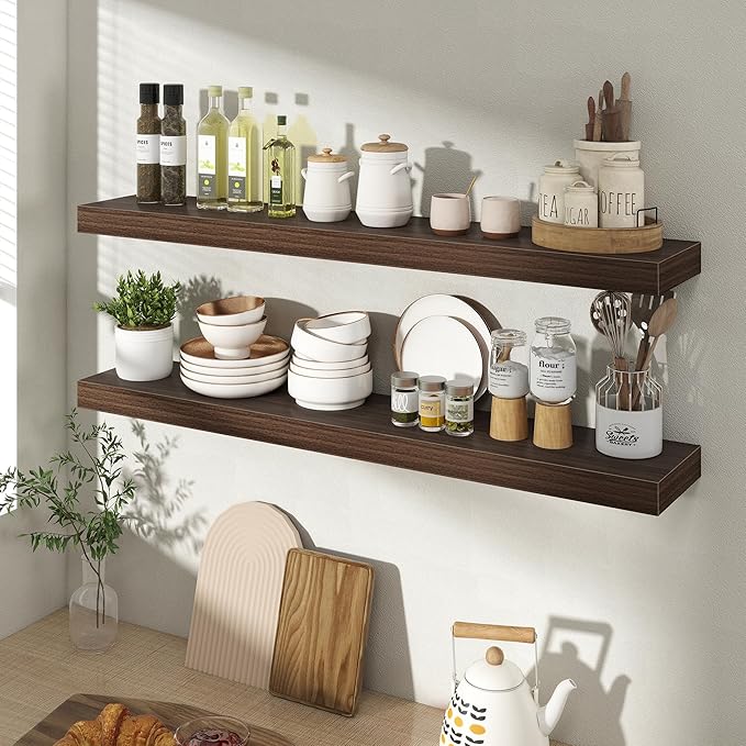 36 Inch Floating Shelves for Wall 2 Pack, 36" Wall Shelves for Books, Storage, Decor, Wall Mounted Floating Shelf with Invisible Brackets for Kitchen, Living Room, Walnut