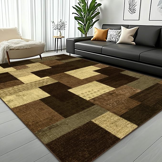 Modern Geometric Patchwork Indoor Area Rug for Living Room, Warm Taupe 8x10 Large Rug Rockwood Collection Hardwood Floors Decor for Bedroom, Taupe Throw Carpet for Office Entryway Dining Room