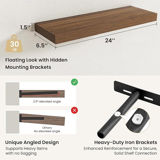 Fun Memories Rustic Wood Floating Shelves for Wall, Space-Saving Wall Mounted Shelves for Bathroom, Bedroom, Living Room and Kitchen, Stylish Storage & Display (Set of 2, Walnut, 24 in)