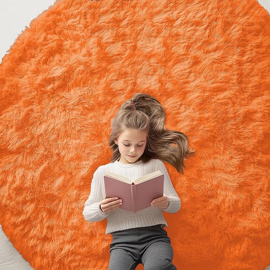 OLANLY Orange Round Rugs for Bedroom - Machine Washable, 6 ft Circle Area Rugs for Living Room, Soft and Fluffy Shaggy Carpet for Teen Girl and Boys, Nursery Rooms, Dorms, Home Decor Aesthetic