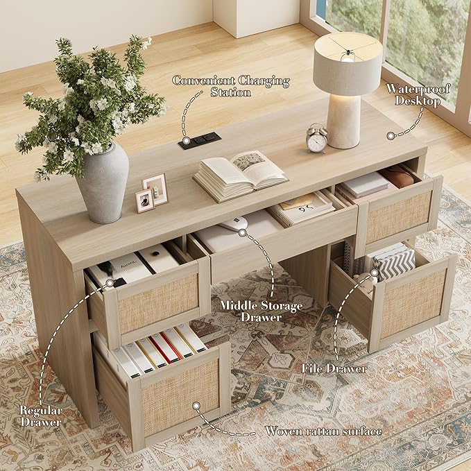 Yechen Executive Desk with 5 Drawers, 57" Modern Rattan Home Office Desk with Charging Station, File Drawer, Farmhouse Boho Computer Writing Desk for Study, Work, Light Beige