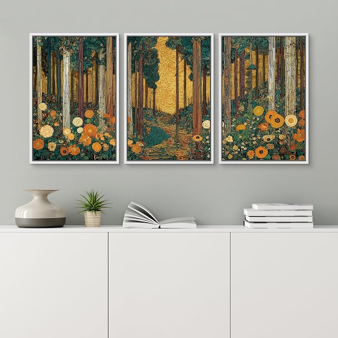wall26 Framed Print Wall Art Set Klimt Style Sunlit Forest Vibrant Green and Gold Floral WoodlandDecorative Minimal Relax/Zen for Living Room, Bedroom, Office - 24"x36"x3 WHITE