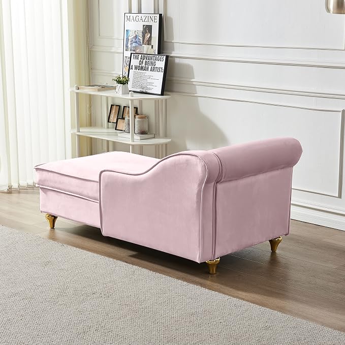 60.6''Velvet Chaise Lounge Indoor, Modern Velvet Lounge Chair with Left Armrest & Lumbar Pillow,Button Tufted Lounge Sofa with Storage for Bedroom, Living Room and Office,Pink