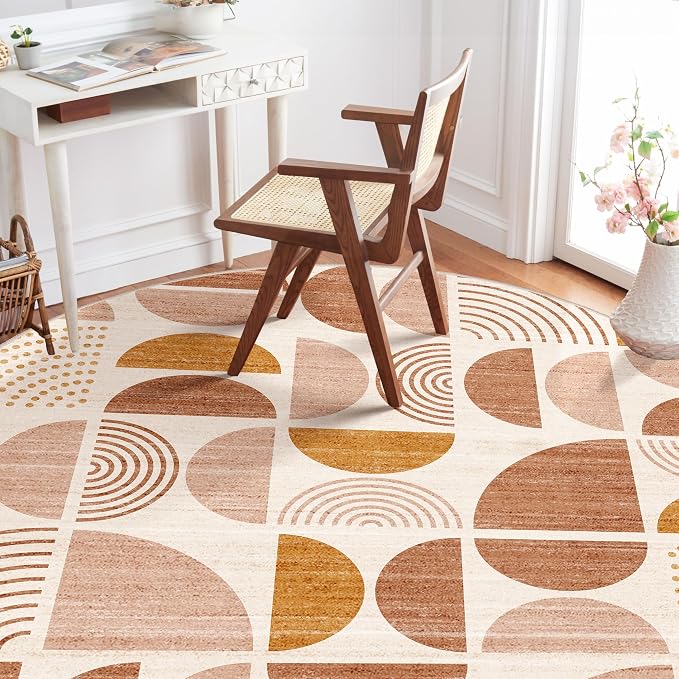 MUJOO Round Rugs 6ft,Circle Area Rug Washable,Circular Rugs for Living Room Dining Room,Large Boho Non Slip Throw Floor Carpet Modern Abstract Bohemian Orange