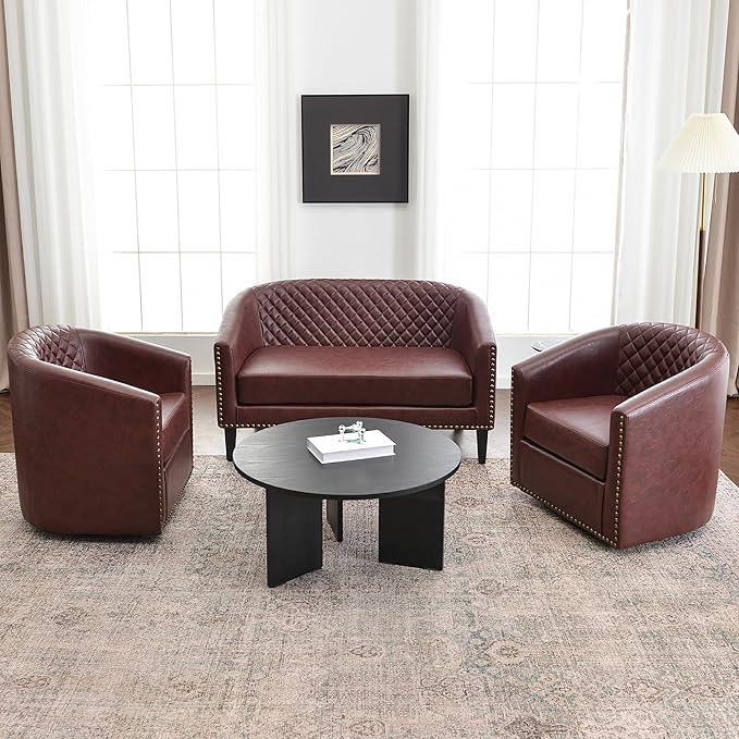 KINWELL 29" Wide Tufted Faux Leather Swivel Barrel Chair Set of 2, PU Leather Modern Upholstered Accent Chairs with Nailhead Trim, Small Armchair for Living Room Bedroom, Red