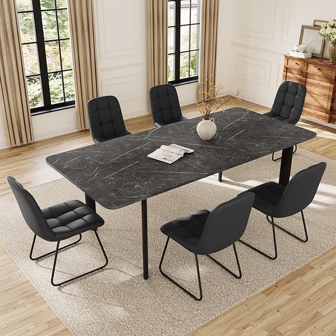 Extendable Dining Table Set for 6-8 People, 63 to 78.7 Inch MDF Kitchen Table with 6 Faux Leather Dining Chairs, Space-Saving for Dining Room, Breakfast Nook (Dark Grey Table & 6 Black Leather Chairs)